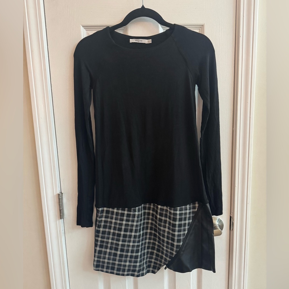 ANTHROPOLOGIE • BAILEY 44 Black Long Sleeve Faux Leather Plaid Dress XS - Picture 2 of 7